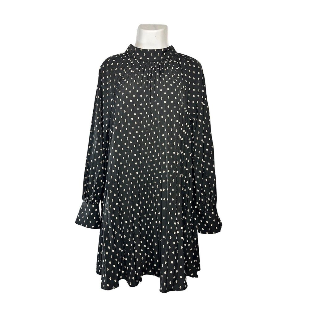 Loveriche Medium Pleated Dress Black Polka Dot High Neck Long Sleeve Mini Shift